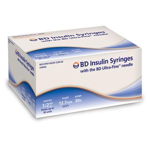 Insulin Syringe with Ultra-Fine Needle 30G x 1/2", 1/2 mL (100 count)