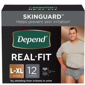 Depend Real Fit Incontinence Underwear for Men, Maximum Absorbency, L/XL, Black & Grey, Waist 38-50"