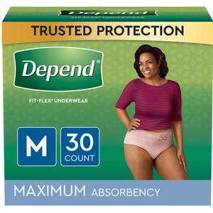 Depend FIT-FLEX Incontinence Underwear for Women, Maximum Absorbency, Medium, Blush, 30 Count, Replaces Item 6947919