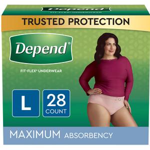 Depend FIT-FLEX Incontinence Underwear for Women, Maximum Absorbency, Large, Blush, 28 Count, Replaces Item 6912537