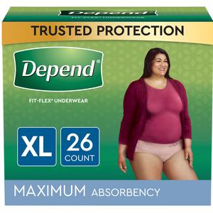 Depend FIT-FLEX Incontinence Underwear for Women, Maximum Absorbency, XL, Blush, 26 Count, Replaces Item 6913406