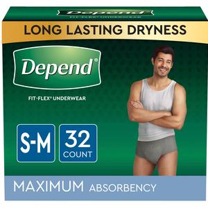 Depend FIT-FLEX Incontinence Underwear for Men, Maximum Absorbency, Small/Medium, Gray, 32 Count, Replaces Item 6912539