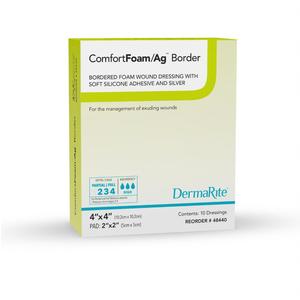 ComfortFoam Bordered Foam Wound Dressing with Silver and Soft Silicone Adhesive, 4" x 4"