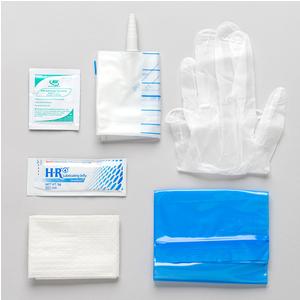 TruCath Intermittent Catheter Insertion Kit. Vinyl PF Gloves, 5g Lube Jelly Packet, BZK wipe, Underpad and Drainage Bag with connector.