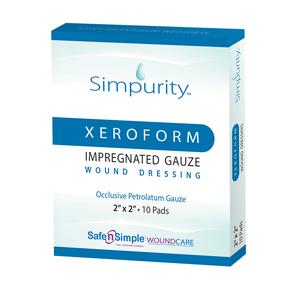 Simpurity Xeroform Petrolatum Impregnated Gauze Wound Dressing, 2" x 2"